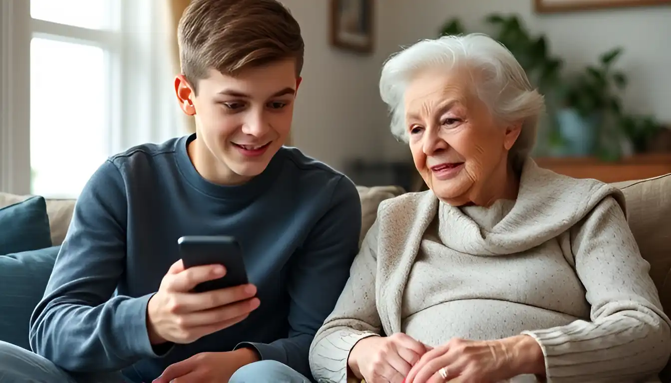 A teenage boy is sitting next to his grandmother and shows her his phone screen (explaining how to install the tracking app).