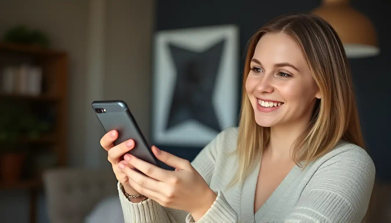 A happy woman is installing and configuring a phone location app, ensuring her phone and family members are trackable at all times.