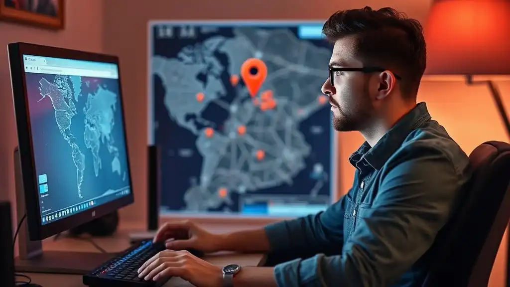 A puzzled male user sits in front of his PC and tries to track the location of his lost device on a map.