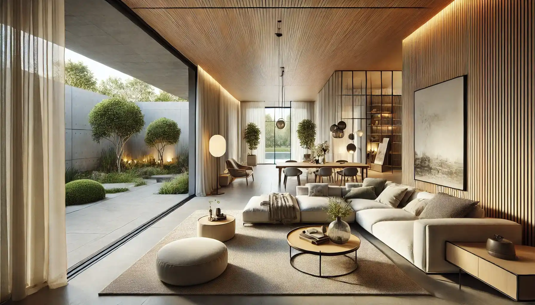 a designed home space combining modern minimalism and comfort. The room features an open-concept layout with furniture, a cozy sectional sofa, and a coffee table. 