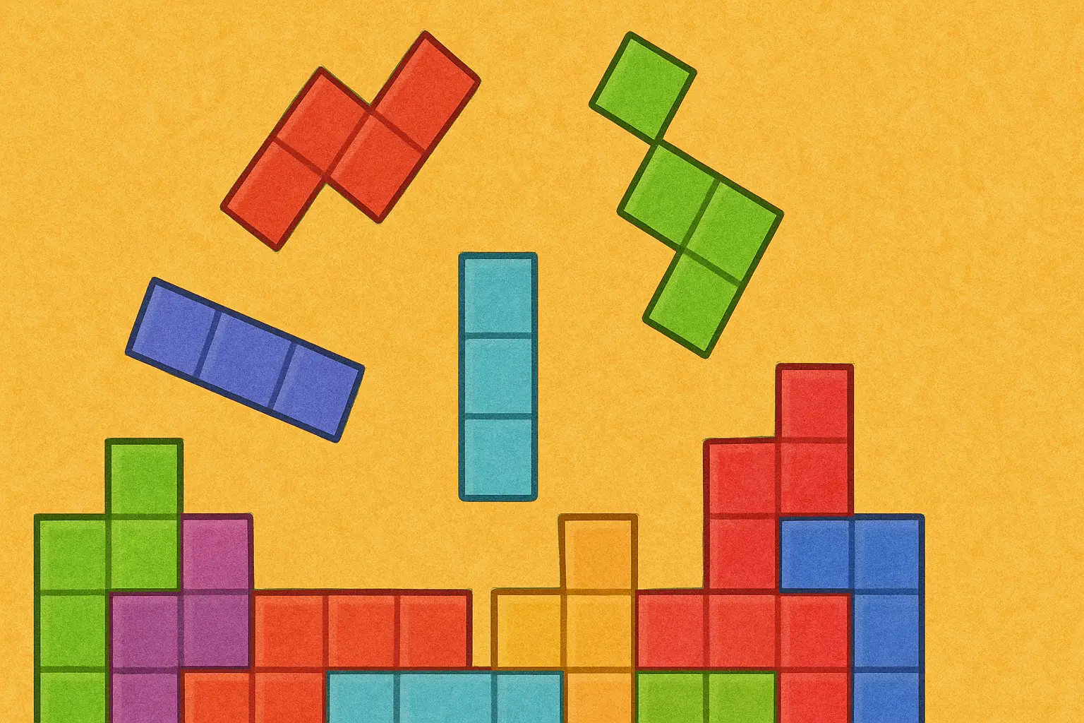 Brightly colored Tetris blocks falling into place.