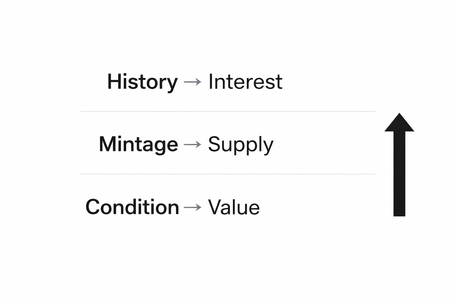 Market logic diagram showing History to Interest, Mintage to Supply, and Condition to Value with an upward arrow on Condition.